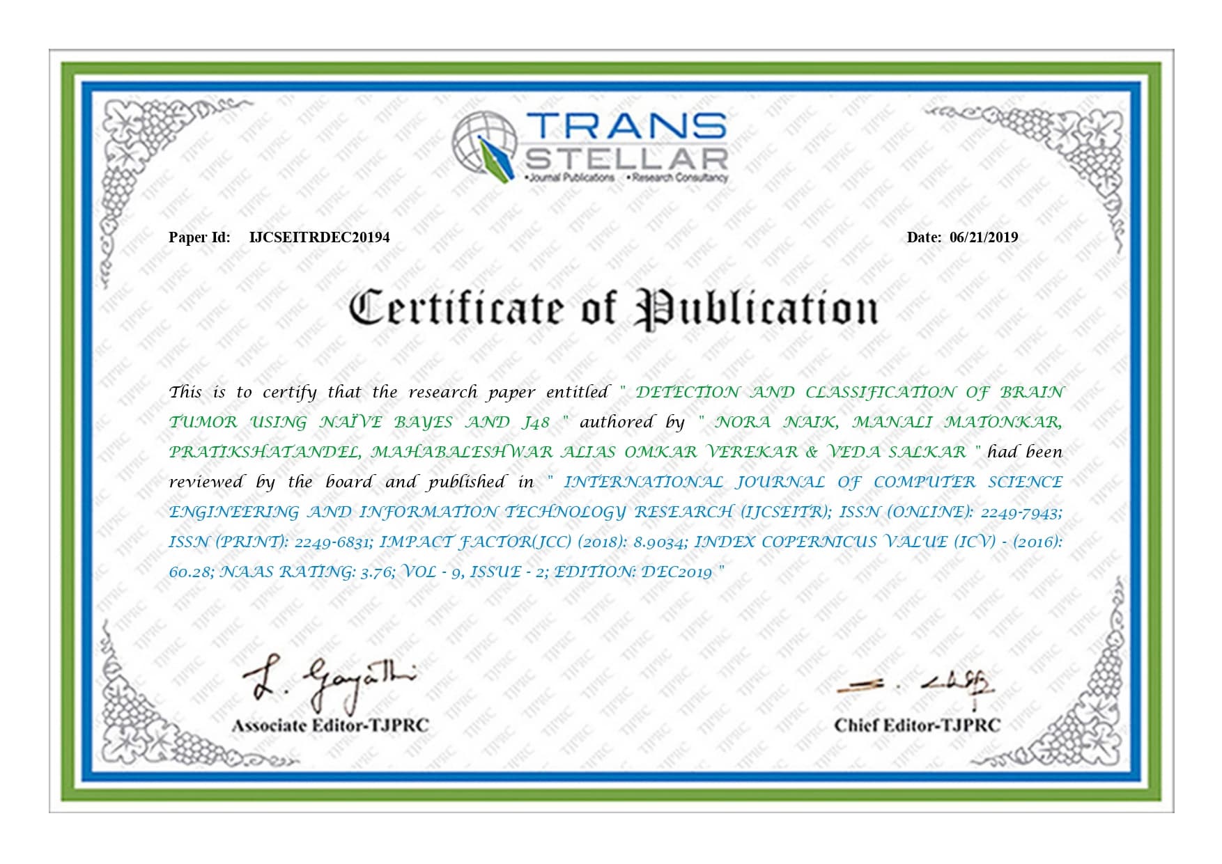certification of publication